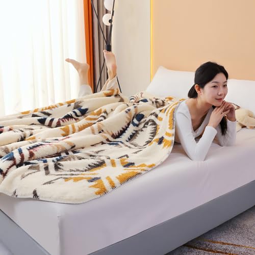 Ivory Bohemia Sherpa Fleece Blanket 90x112 Inch King Size Ultra Soft Throw