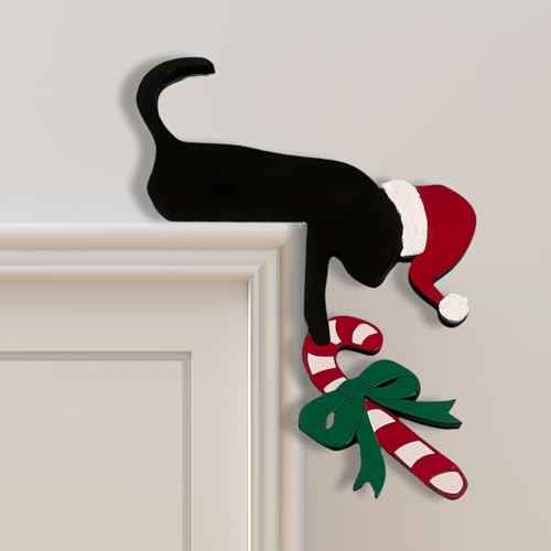 Christmas Door Topper Holiday Home Decor Funny Snowman Santa Claus Top Door Frame Corner Sign Decorations, Windows Walls DIY Craft for Christmas Party Ornament (Cat)