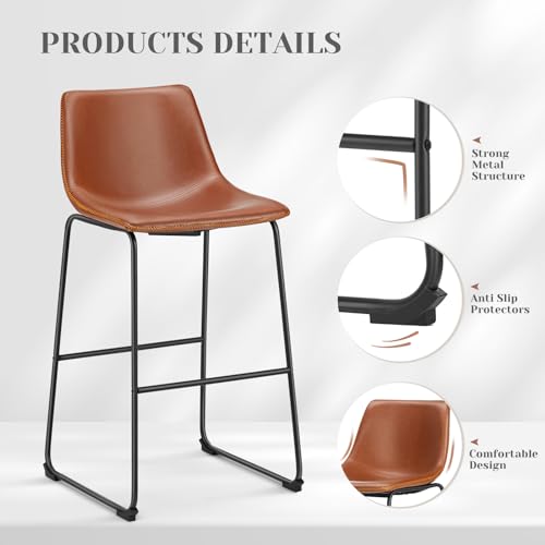 Counter Height Bar Stools Set of 2 - Brown Faux Leather with Metal Legs