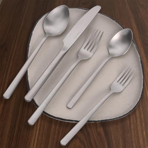 KINGSTONE 40-Piece Matte Silver Flatware Set for 8 - Modern Stainless Steel Cutlery