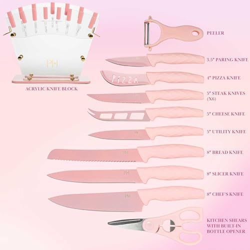 Pink Paris Hilton 16-Piece Knife Block Set with Fan Style Acrylic Organizer & Stainless Steel Blades