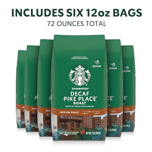 Starbucks Decaf Pike Place Roast Ground Coffee - 12oz Pack of 6, Medium Roast