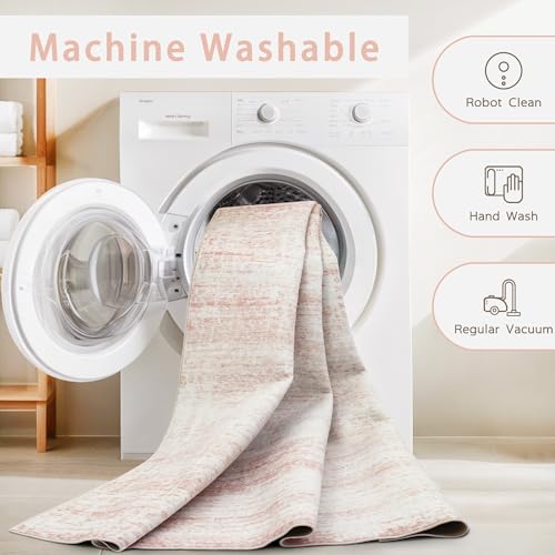 Srugn Pink White Washable 8x10 Area Rug for Living Room & Bedroom - Non-Slip, Cushioned, Machine Washable