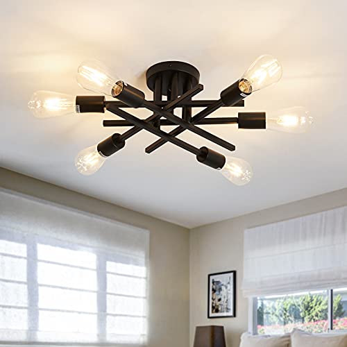 Semi Flush Mount Ceiling Light Fixture - Black Sputnik Chandelier with 6 E26 Bulb Base - Modern Farmhouse Style