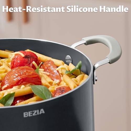 BEZIA Gray 8QT Non-Stick Ceramic Stock Pot with Lid, Induction Compatible