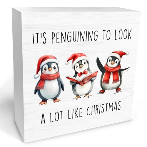 Penguin Christmas Wood Box Sign, 5x5 Inch Desk & Wall Decor