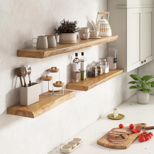 Venusmiles Natural Elm Live Edge Floating Shelves 24 Inch Heavy Duty, 2 Pack
