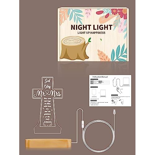 Ammonite Wedding Gifts, Cross Wooden Night Light, Decoration Lamp Husband and Wife Wedding Engagement Anniversary Valentine's Day Gifts for Couple Bride Groom, Newlywed Gifts His Hers