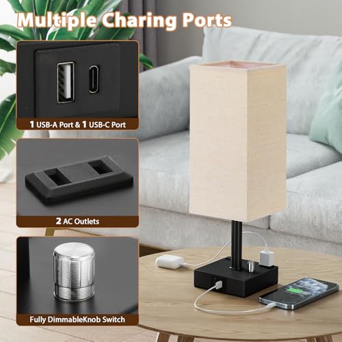 Aooshine Beige 14in Bedside Table Lamps Set of 2 with Dimmable USB-C+A Outlets