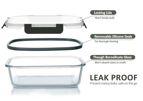 M MCIRCO 5-Pack 36 oz Glass Food Storage Containers with Lids - Gray, Leakproof, Microwave & Dishwasher Safe