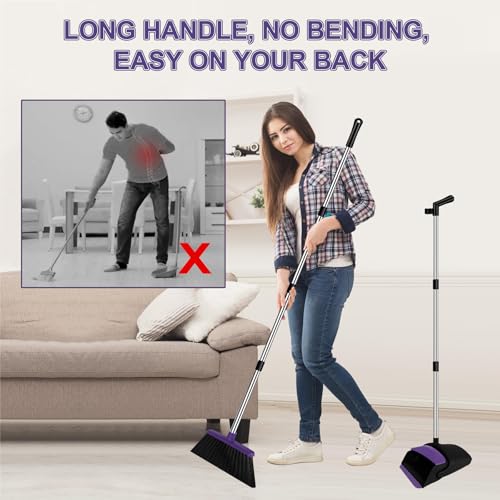 Purple 51-Inch Long Handle Broom & Dustpan Set with Squeegee - Eco-Friendly Cleaning Tool