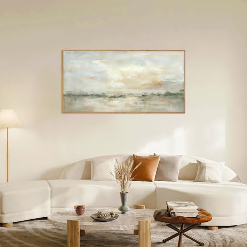 Neutral Green Gray Pastel Framed Canvas Wall Art - Lake Landscape, 40x20 inches Variation of THIS listing