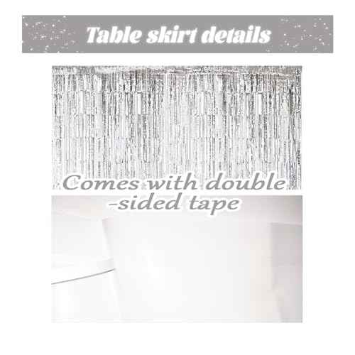 2 Pack 29.5x72 Inch Metallic Foil Fringe Tinsel Table Skirts Tinsel Backdrop Curtains for Rectangle Tables Parade Floats Mardi Gras Party(Silver)