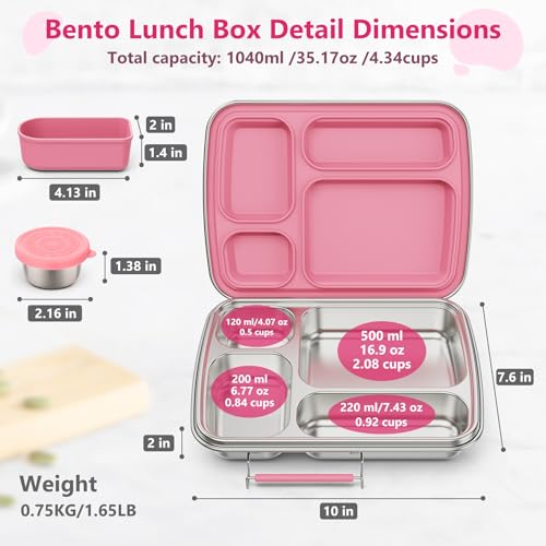 Pink Stainless Steel Bento Lunch Box for Kids & Adults, 4 Compartments, Sauce Container