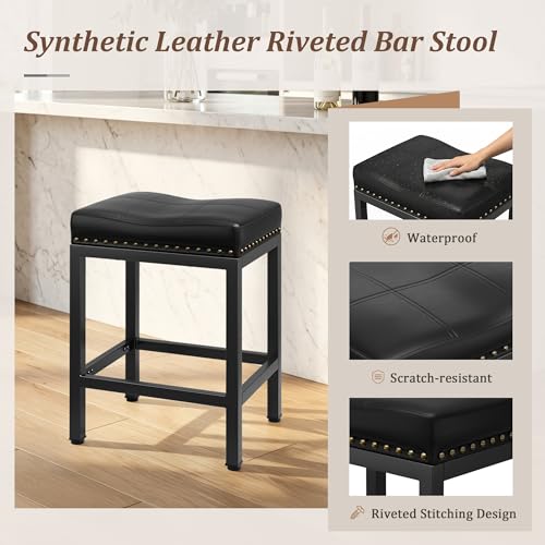 GRUSIGN Black 24 Inch Set of 2 Counter Height PU Leather Bar Stools with Footrest