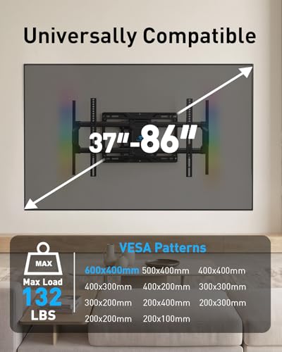 PERLESMITH Full Motion TV Wall Mount with LED Light for 37–86 Inch TVs - 16 Inch Wood Studs