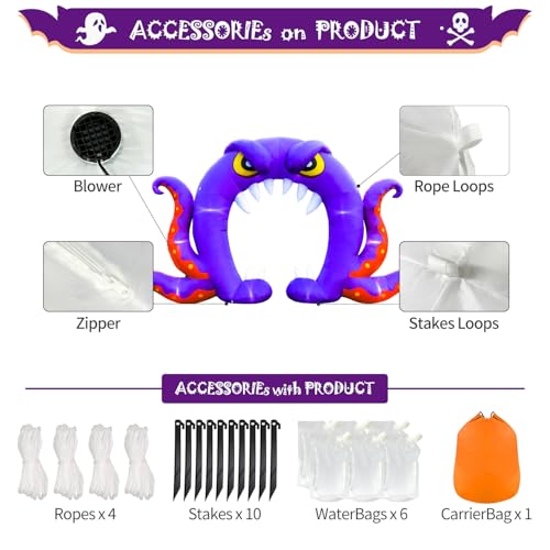 Halloween Inflatable Purple Octopus Archway - 16FT Long, 8FT Tall with Built-in LEDs