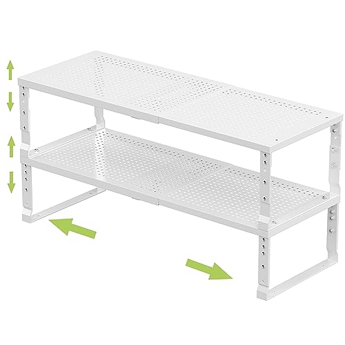 Jojocross Expandable White Metal Kitchen Organizer - 2 Pack, Adjustable & Stackable Spice & Pantry Shelves, 10.24"D x 16.6"–26.5"W