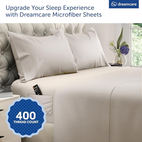 DREAMCARE King Size Deep Pocket Bed Sheets Set - Beige, Extra Soft Microfiber, 4 Piece, with Side Pocket, Model 15