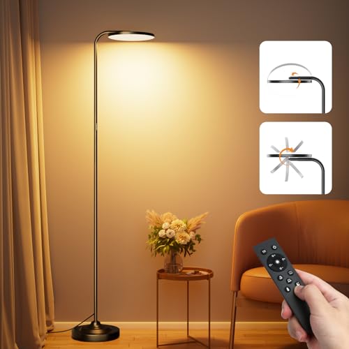 Black LED Floor Lamp 36W Dimmable Standing Torchiere with Remote, 350° Rotating Head for Living Room & Bedroom
