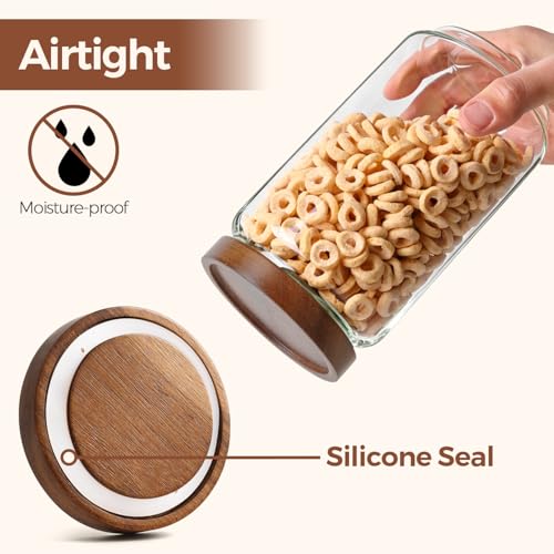 Glass Pantry Storage Containers with Acacia Wood Lids - 1.1Qt & 0.5Qt Set, Stackable, Airtight Food Storage