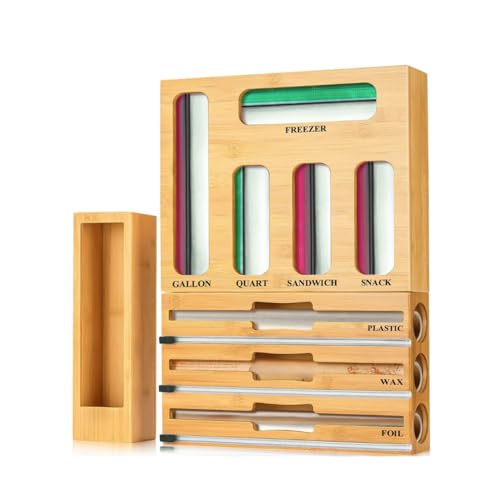 9-in-1 Kitchen Drawer Organizer for Food Storage & Wraps, Bamboo Dispenser with Cutter