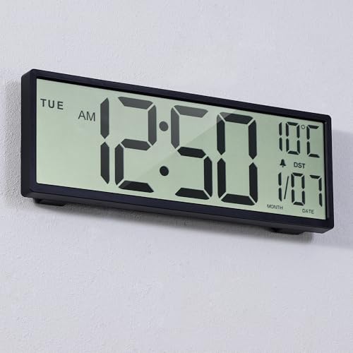Henescribe 15-Inch Black Digital Wall Clock with Large Display, Calendar & Auto DST