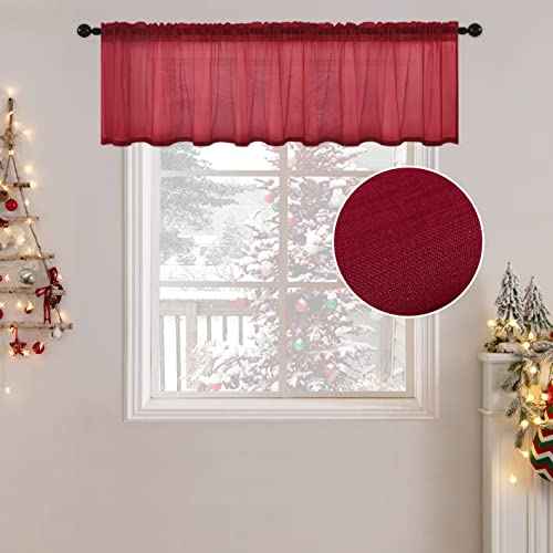 MIULEE Solid Burgundy Kitchen Sheer Valance for Christmas Linen Look Window Curtain, Living Room Windows Voile Valance Rod Pocket 1 Panels (60" W x 18" L), Burgundy Red