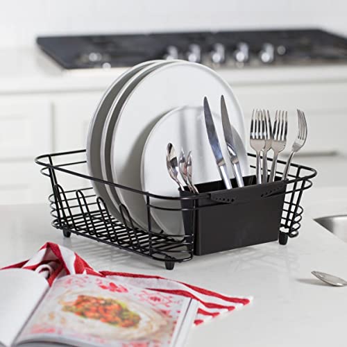 In-Sink Dish Drying Rack Set - Coated Steel, Black, 14.5x13 Inches with Utensil Caddy - Variation: Standard Black