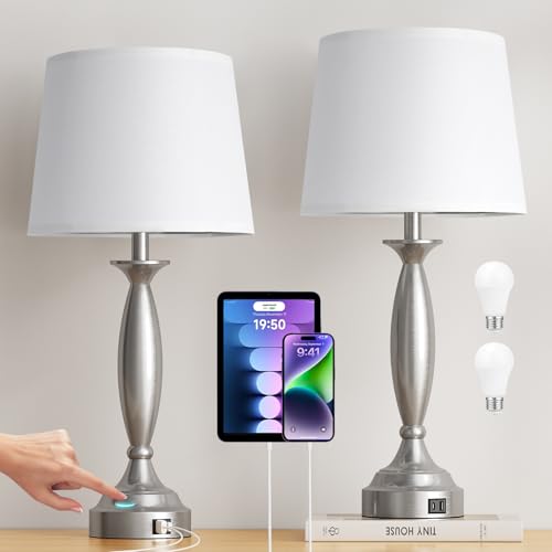 White Shade & Nickel Base 25.5 Inch Dimmable Bedside Table Lamp Set with USB-C & USB-A Ports - Variation B