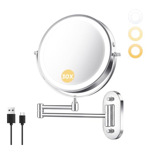 Wall Mounted Makeup Mirror 8 Inch 1X/30X LED Rechargeable with Metal Arm