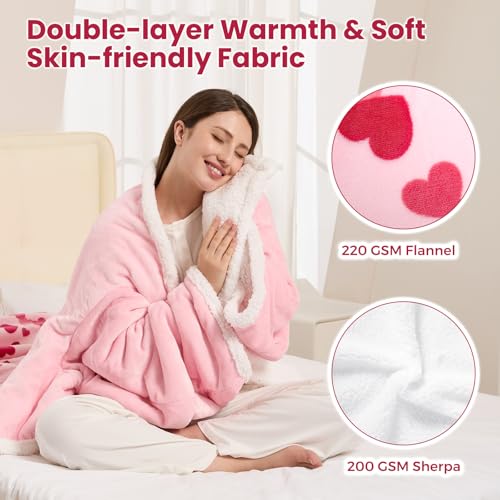 Pink Wearable Heated Blanket with Sleeves & Foot Pocket - Electric Throw for Women, 3 Heat Levels, Timer, Safe & Cozy Gift