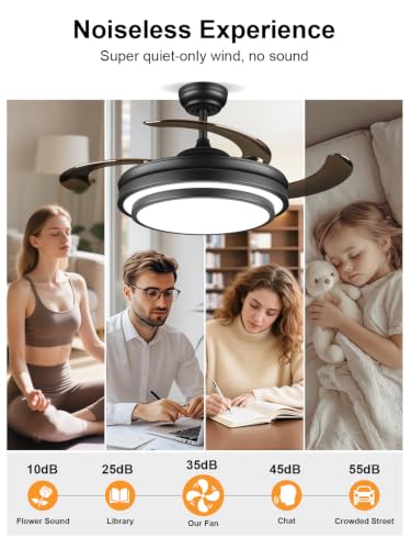 Black 36 Inch Modern Retractable Ceiling Fan with Dimmable LED Light & Remote Control