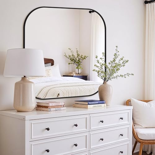 30x30 Inch Black Bathroom Vanity Wall Mirror with Rounded Corners