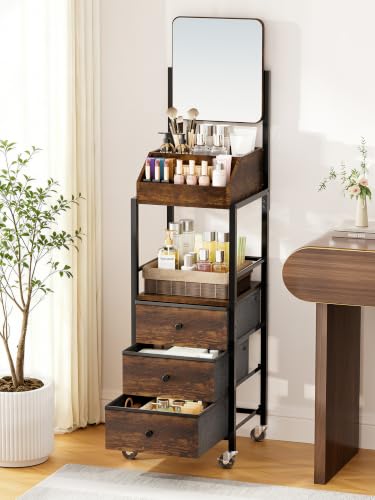 Espresso SWTYMIKI Makeup Organizer Cart with Mirror & Storage Drawers