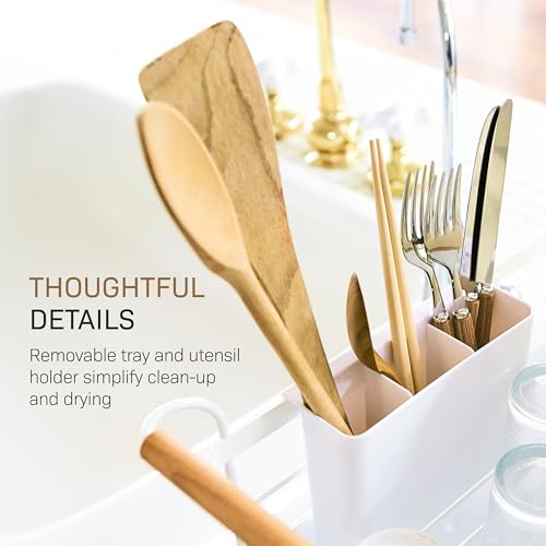 YAMAZAKI White Dish Drying Rack with Removable Tray & Cutlery Holder – Modern Kitchen Organizer