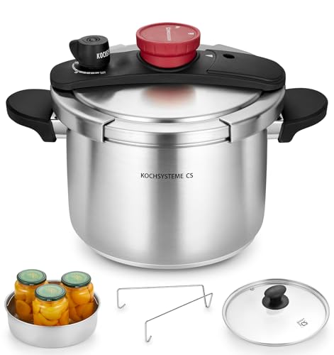 KOCH SYSTEME CS 6.3 Quart Stainless Steel Pressure Cooker - Silver, 3-in-1 with Glass Lid & Steamer