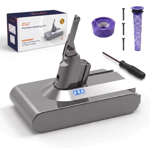 ELO 9000mAh 21.6V V8 Screw-in Replacement Battery for Dyson V8 Vacuum - Includes Filters & Screws