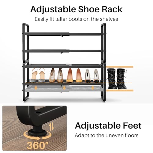 Black Expandable 4-Tier Metal Shoe Rack for Closet, Entryway & Garage - SNTD