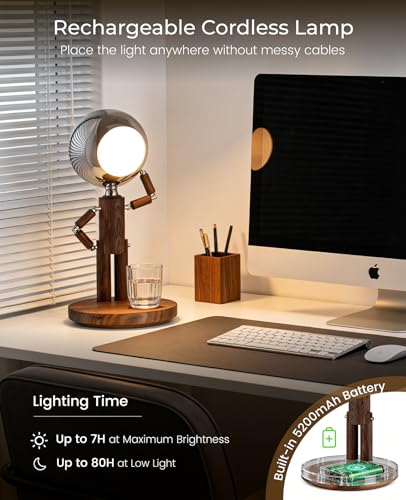 Rechargeable Wooden Table Lamp with Dimmable Moon Design - Black Walnut Variation