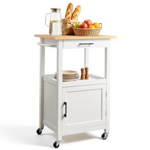 White Kitchen Island Cart with Storage, Drawer, Towel Rack & Swivel Wheels - 23.2" W