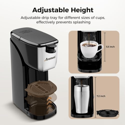 Aromvel 2-in-1 Single Serve Coffee Maker Silver, K-Cup & Ground Brew, Compact