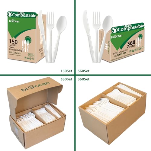 Biocean Compostable No Plastic Utensils Set 6.1-7in, 360 Count - Eco-Friendly Flatware for Parties & Camping