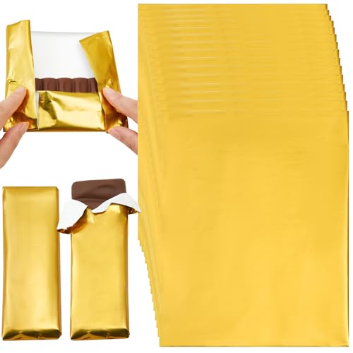 100Pcs Chocolate Candy Wrappers Aluminum Foil Candy Bar Wrappers with Thick Paper Backing Candy Wrapping Packing for Christmas Wedding Birthday Homemade Sweets 7.5 x 6.3 Inch(Gold)
