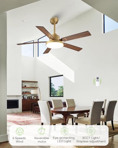 CalorHoga 52 Inch Gold Ceiling Fan with Lights Remote & App Modern Style