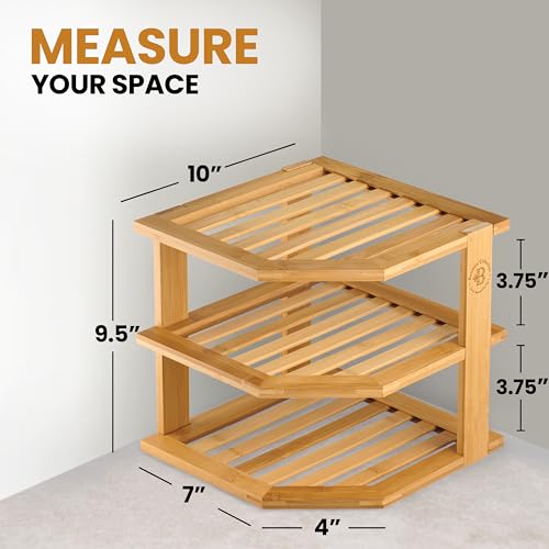 Bamboo Plate Organizer 3-Tier Corner Shelf Riser Set - Natural 2 Pack