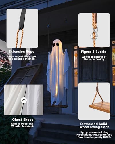 MERKYO 5-13FT Adjustable Hanging Ghost Halloween Decor with Lights for Outdoor Yard & Porch