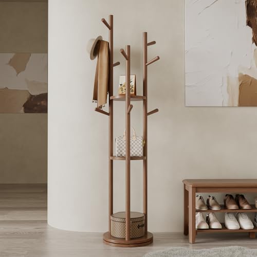 Muwuele Walnut Solid Wood Rotary Coat Rack with 3 Shelves & 9 Hooks - Freestanding Coat Tree for Entryway & Bedroom