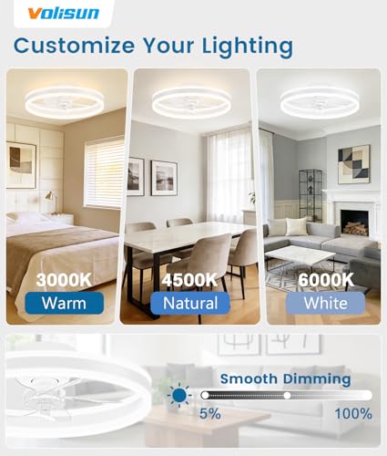 VOLISUN 20 Inch White Low Profile Ceiling Fan with Dimmable LED Lights and Remote - Flush Mount Fandelier for Bedroom