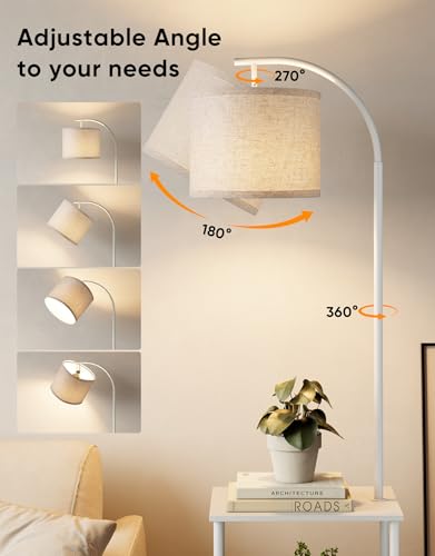 PARTPHONER White Floor Lamp with Table and Storage Shelves - Modern Nightstand with 3CCT LED Bulb